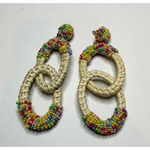 Boho Rattan & Multicolor Seed Bead Statement Earrings Lightweight Summer Coastal